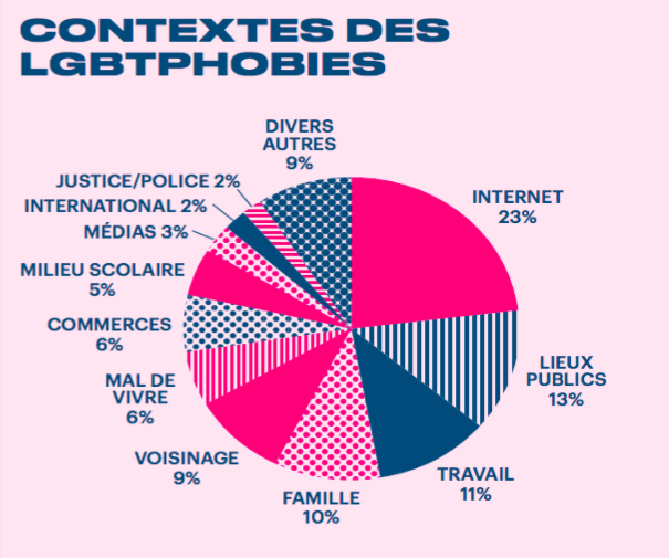 En 2018, 23 % des cas enregistrés par SOS Homophobie font état de LGBTphobies sur Internet. Cela fait plusieurs années que le Web, notamment les réseaux sociaux, demeure le principal contexte des LGBTphobies.