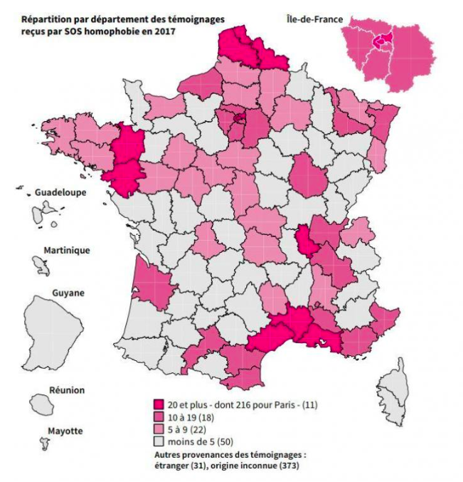 Répartition des témoignages d'actes homophobes en France en 2017